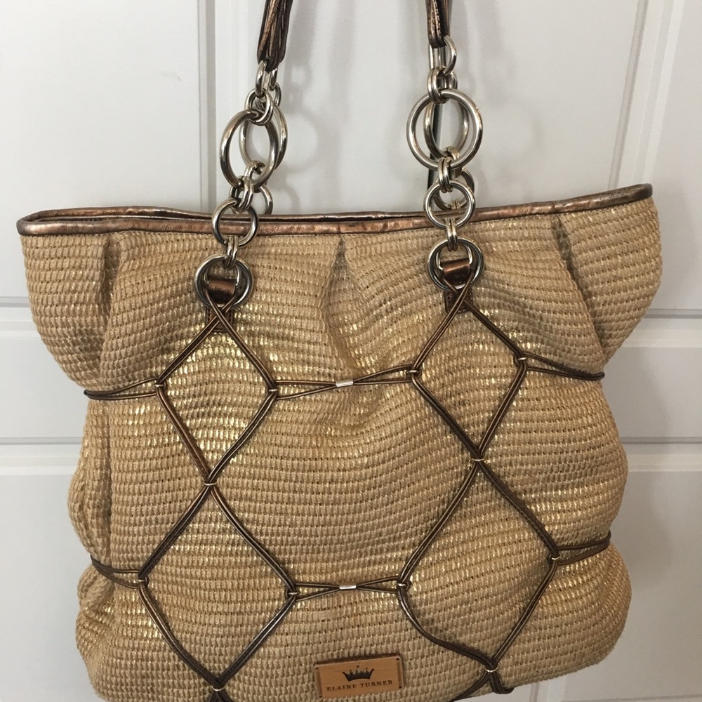 Beige-Bronze Metallic Satchel Bag